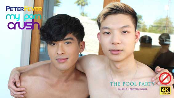 Next day for horny Kai and his porn star dreams, and it's the big Asian pool party. The host introduces his handsome Latin friend, twink pornboi Matteo Gomez, and Kai wastes no time swapping